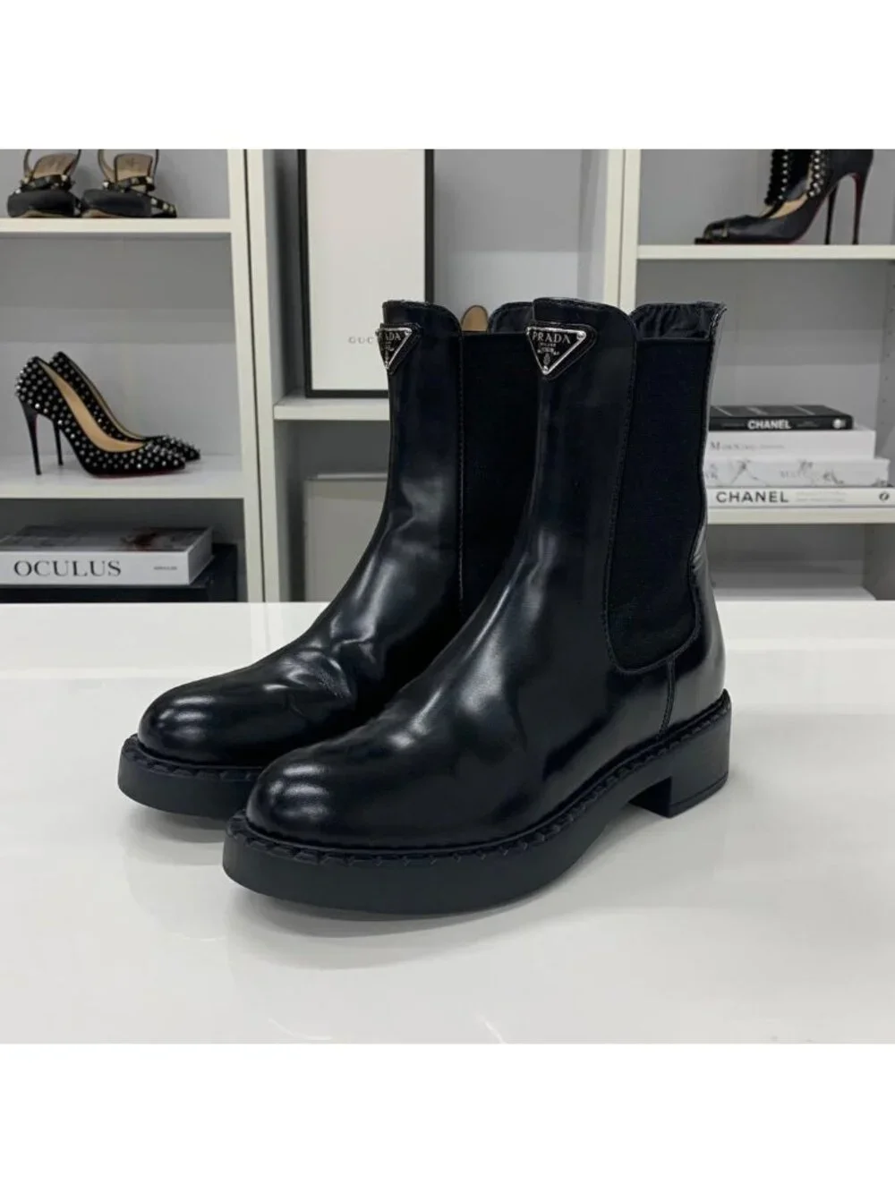 Prada Triangle Logo Leather Side Gore Short Boots Black